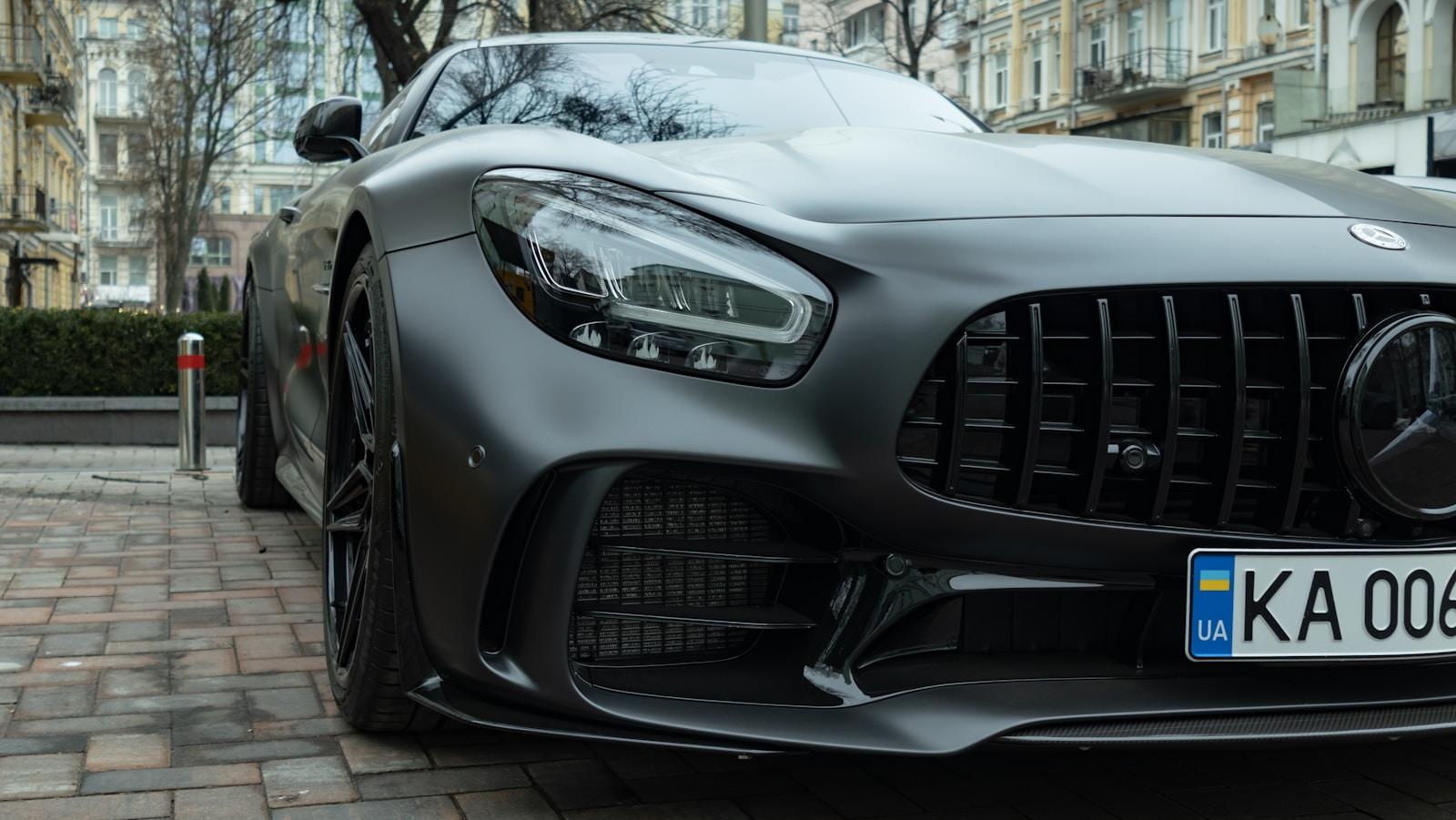 Matte black Mercedes-AMG GT R photographed from the front quarter