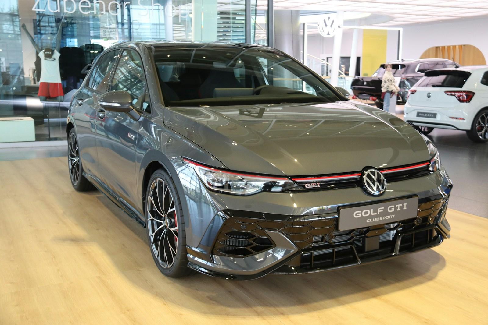Grey Volkswagen Golf GTI Clubsport on a showroom floor